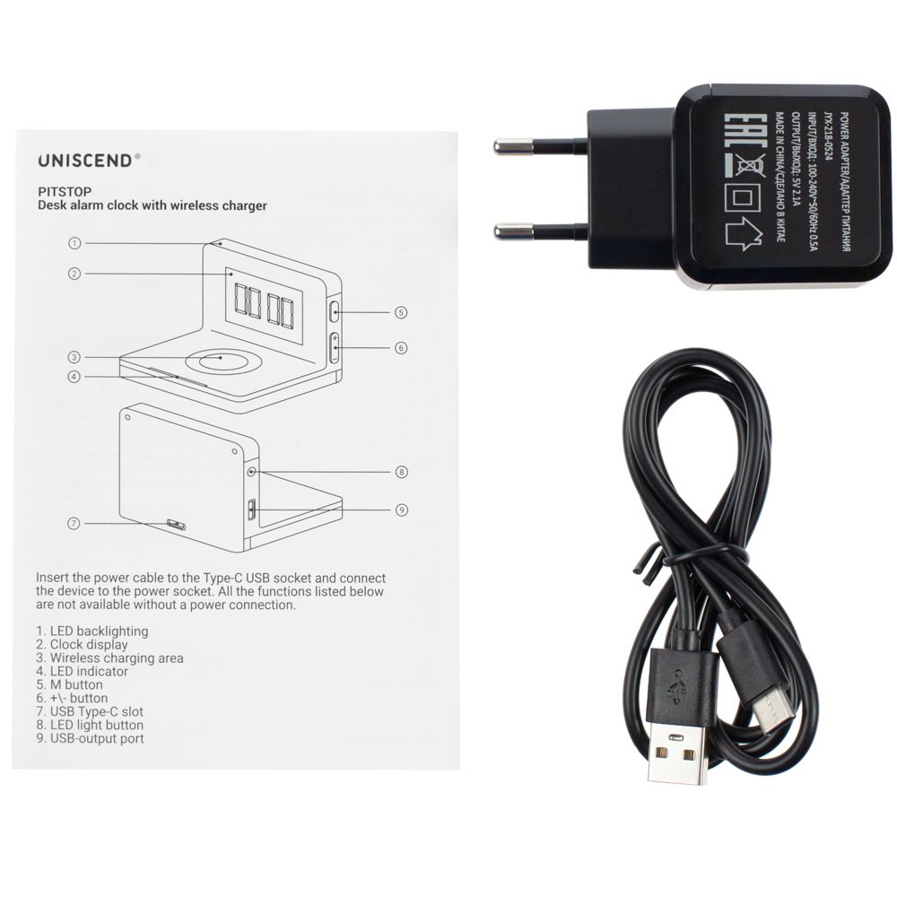 Часы настольные с беспроводным зарядным устройством Pitstop, черные — изображение 10