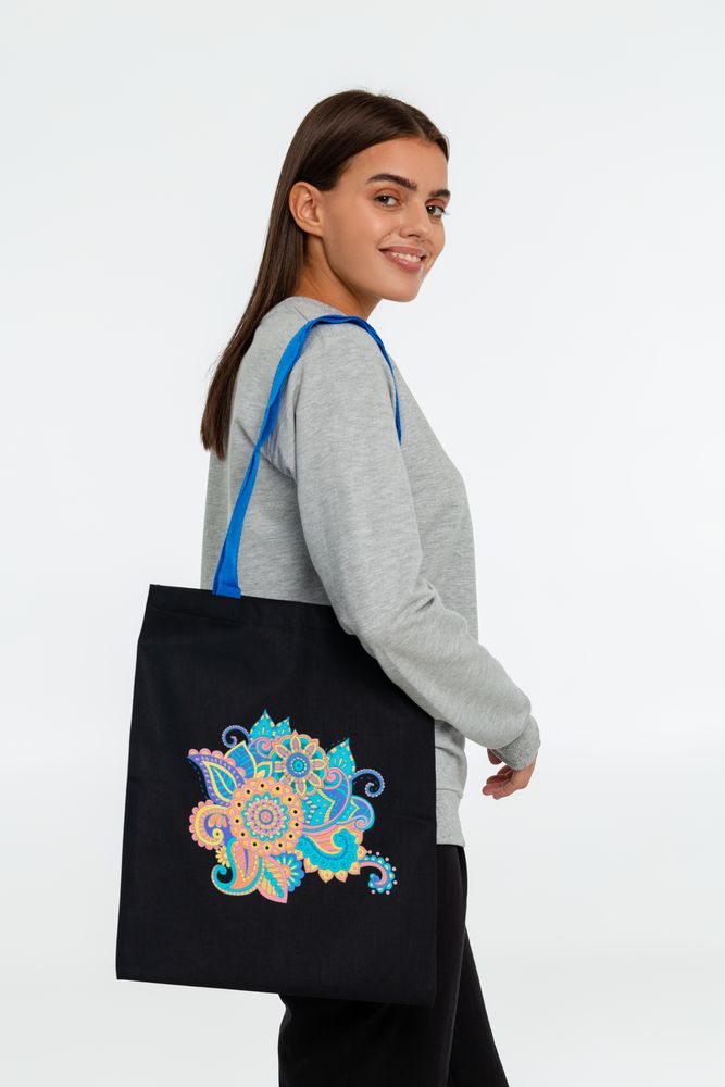 Холщовая сумка «Узор», черная с ярко-синими ручками — изображение 5