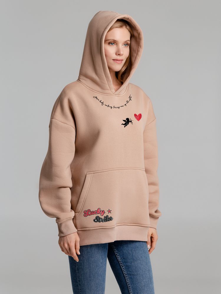 Худи оверсайз с термонаклейками Lucky Strike, бежевое — изображение 5