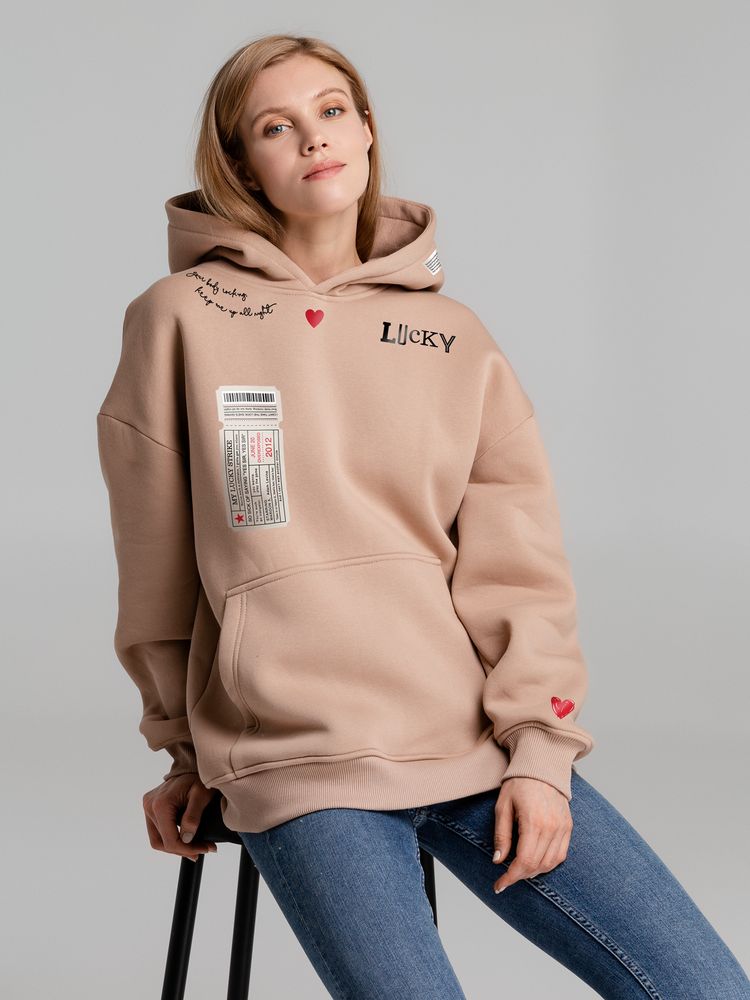 Худи оверсайз с термонаклейками Lucky Strike, бежевое — изображение 4