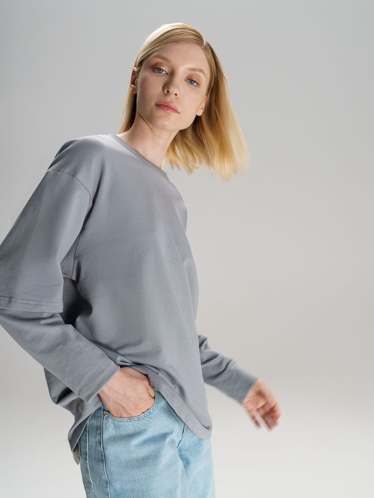 Футболка оверсайз с двойным рукавом Kosmos, светло-серая — изображение 9