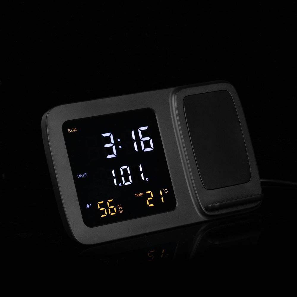 Станция беспроводной зарядки с часами и календарем и подсветкой лого Novem, черная — изображение 11