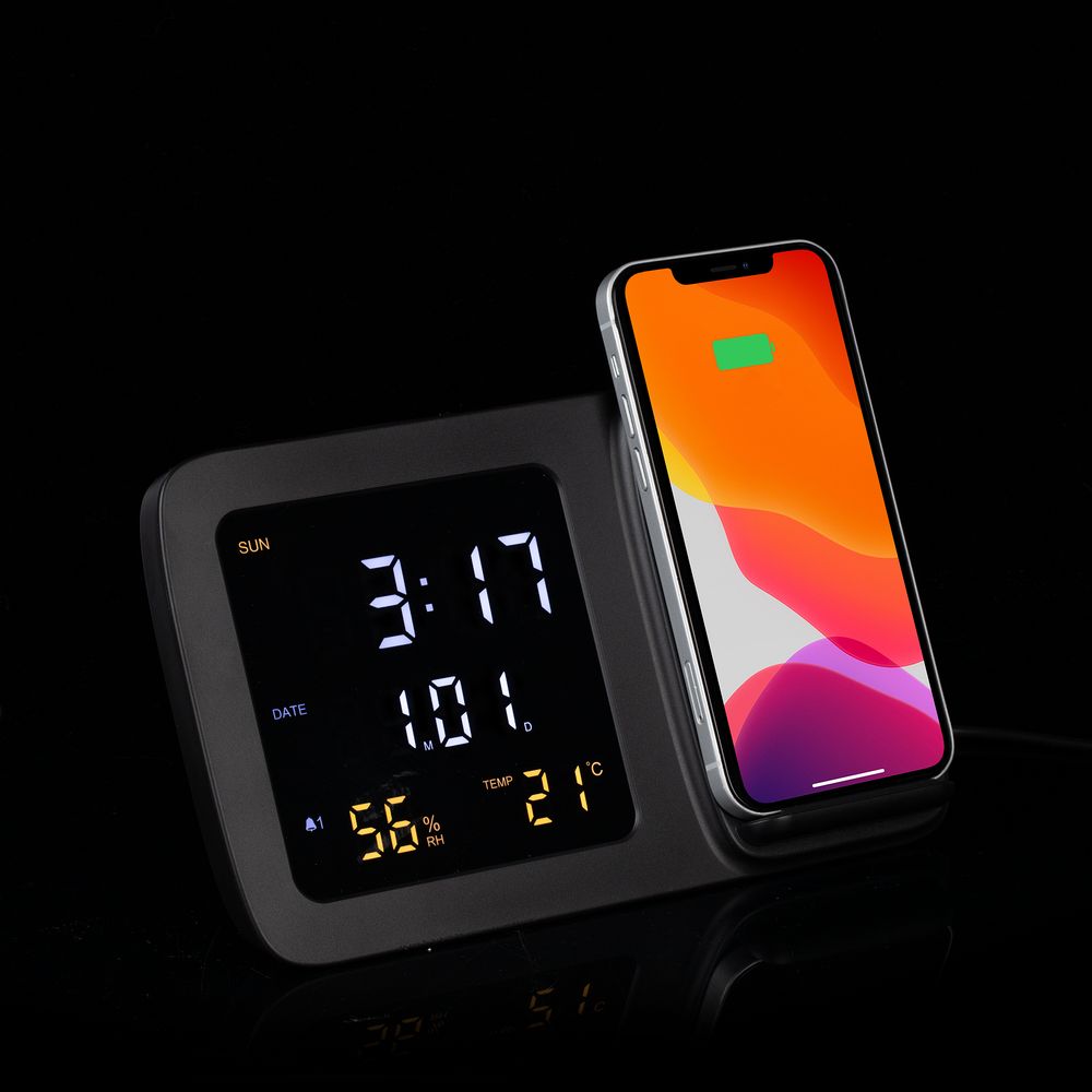 Станция беспроводной зарядки с часами и календарем и подсветкой лого Novem, черная — изображение 12