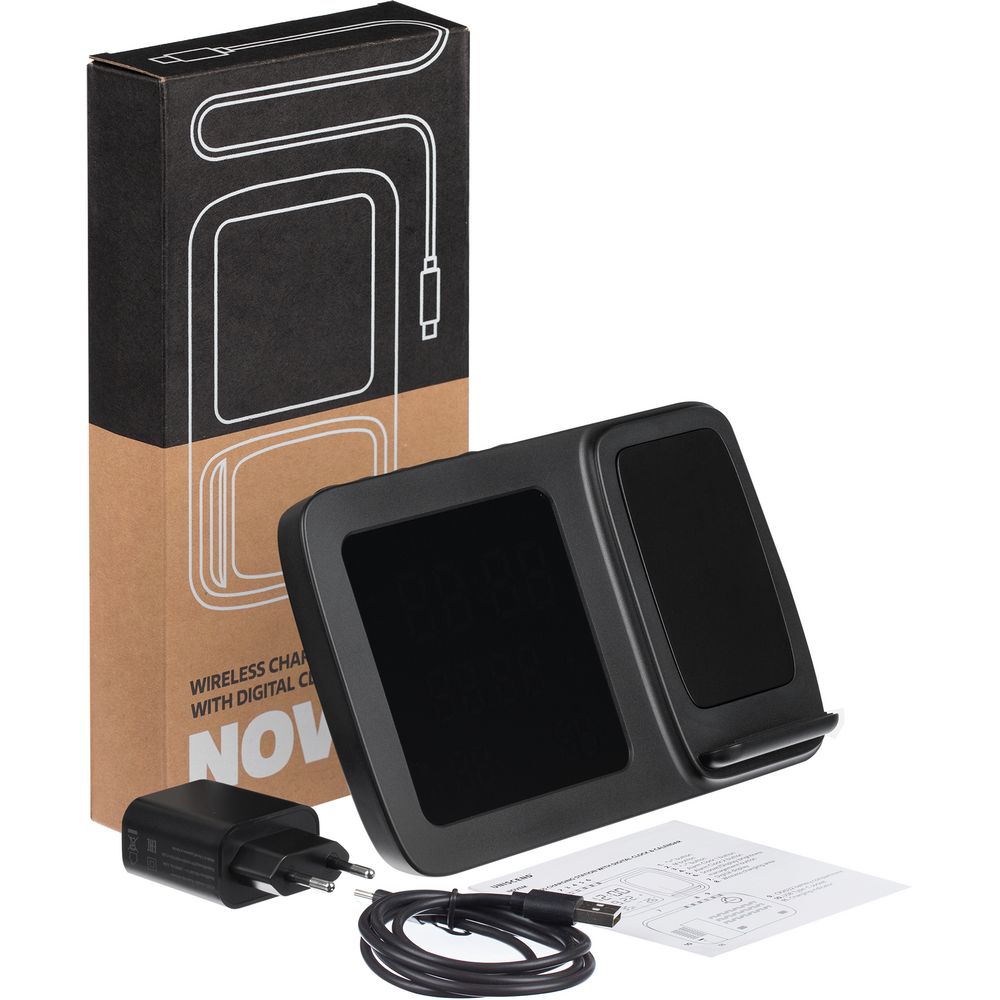 Станция беспроводной зарядки с часами и календарем и подсветкой лого Novem, черная — изображение 10