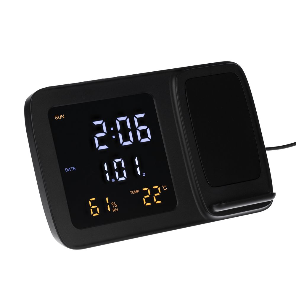 Станция беспроводной зарядки с часами и календарем и подсветкой лого Novem, черная — изображение 3