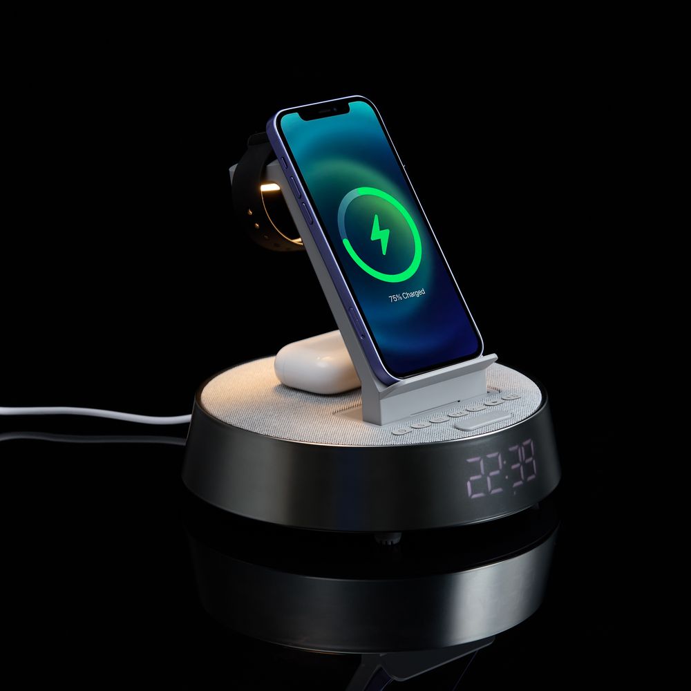 Bluetooth-колонка с беспроводной зарядкой и часами netEnergy, серая — изображение 12