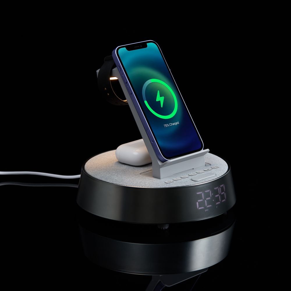 Bluetooth-колонка с беспроводной зарядкой и часами netEnergy, серая — изображение 13