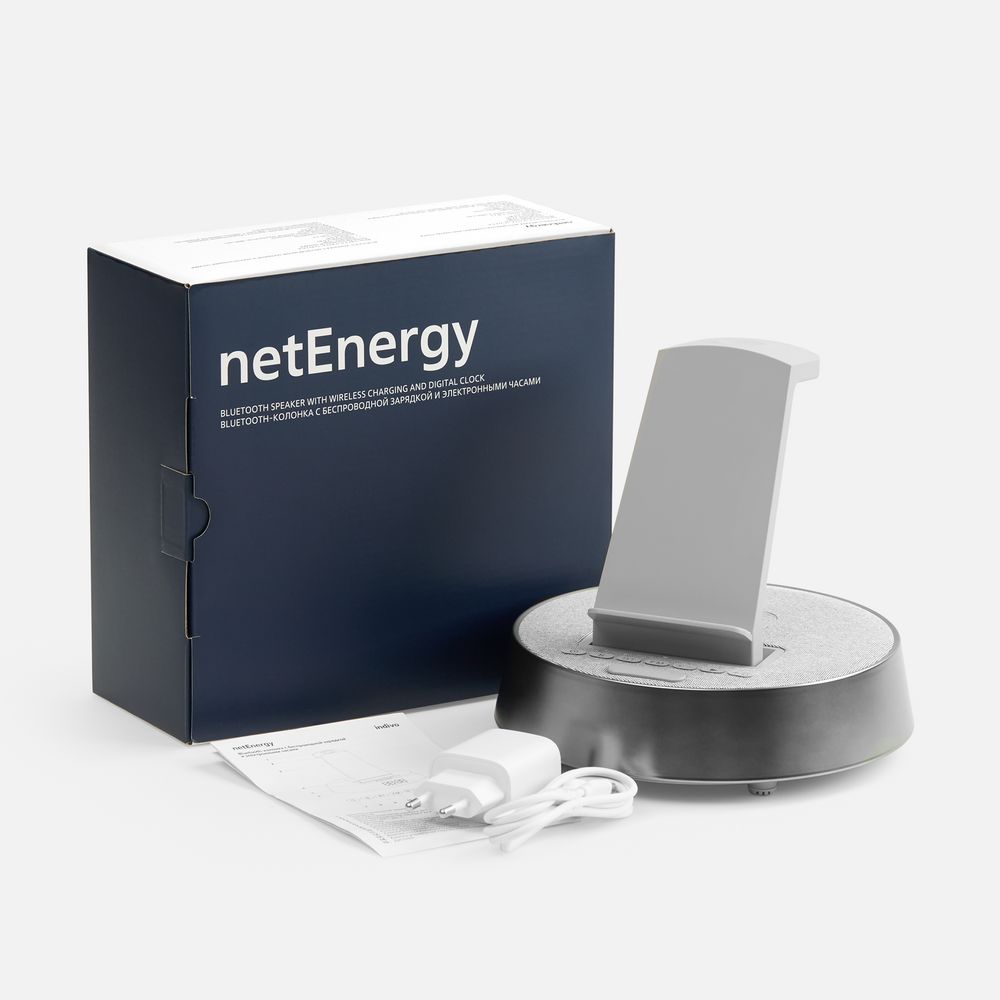 Bluetooth-колонка с беспроводной зарядкой и часами netEnergy, серая — изображение 14
