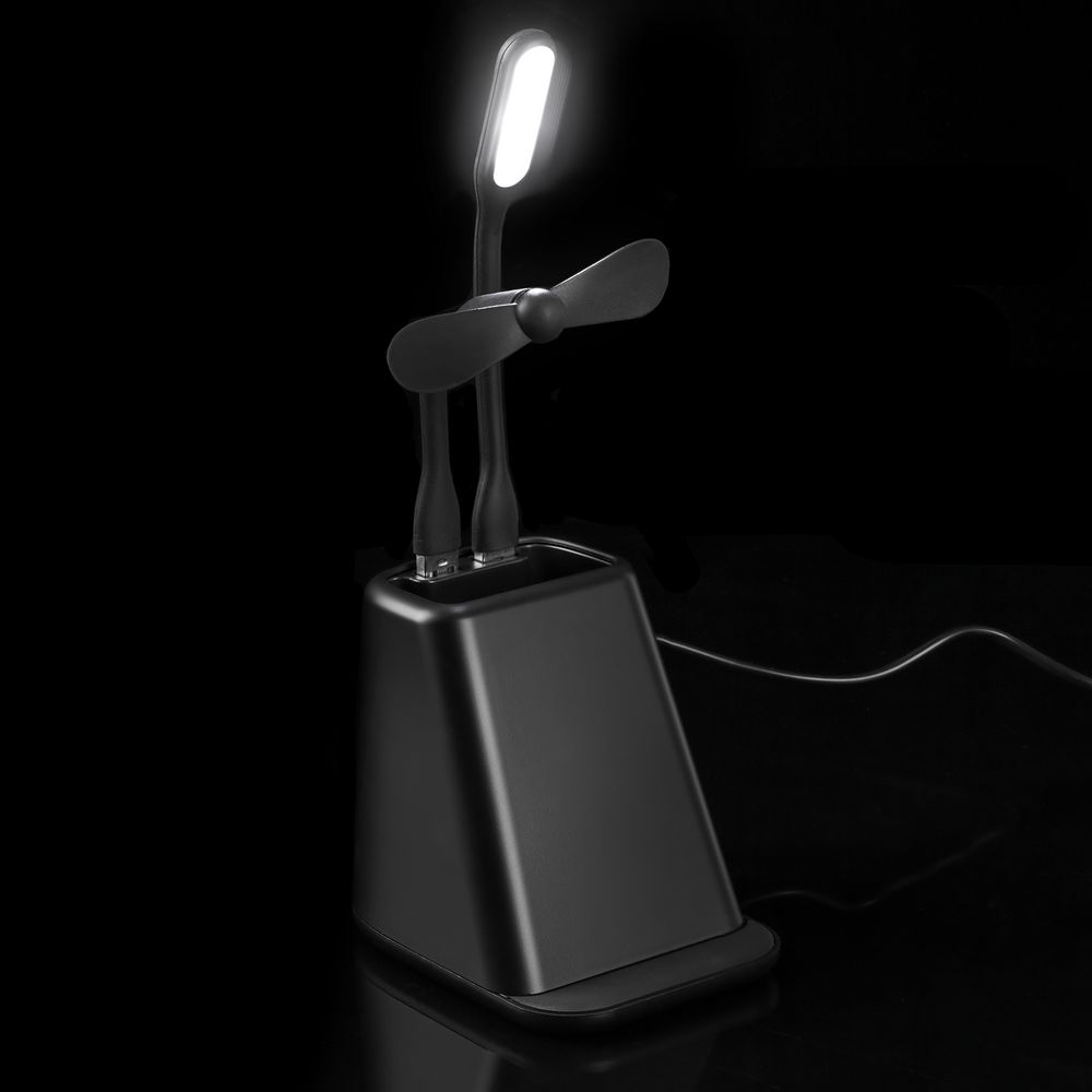 Настольный органайзер с зарядкой, лампой, вентилятором и подсветкой лого powerTower, черный — изображение 10